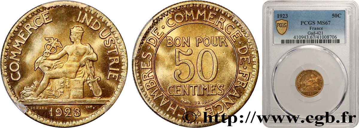 50 centimes Chambres de Commerce 1923 Paris F.191/5 MS67 PCGS