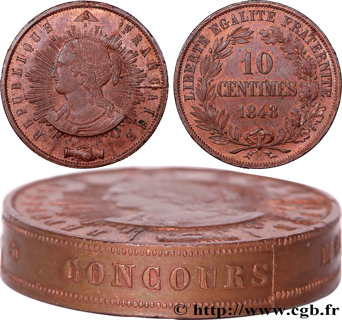 Concours de 10 centimes, piéfort au quadruple de Pillard, premier revers, tranche inscrite 1848 Paris VG.3185 P.var MS62 