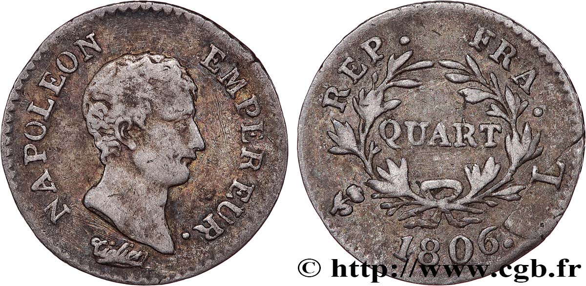 Quart (de franc) Napoléon Empereur, Calendrier grégorien 1806 Bayonne F.159/4 VF 