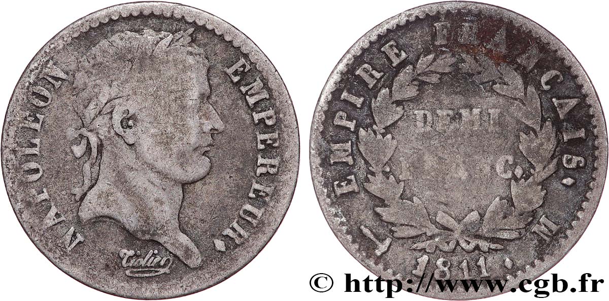 Demi-franc Napoléon Ier tête laurée, Empire français 1811 Toulouse F.178/29 VG10 