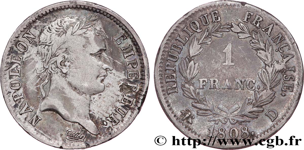 1 franc Napoléon Ier tête laurée, République française 1808 Lyon F.204/5 BC+ 