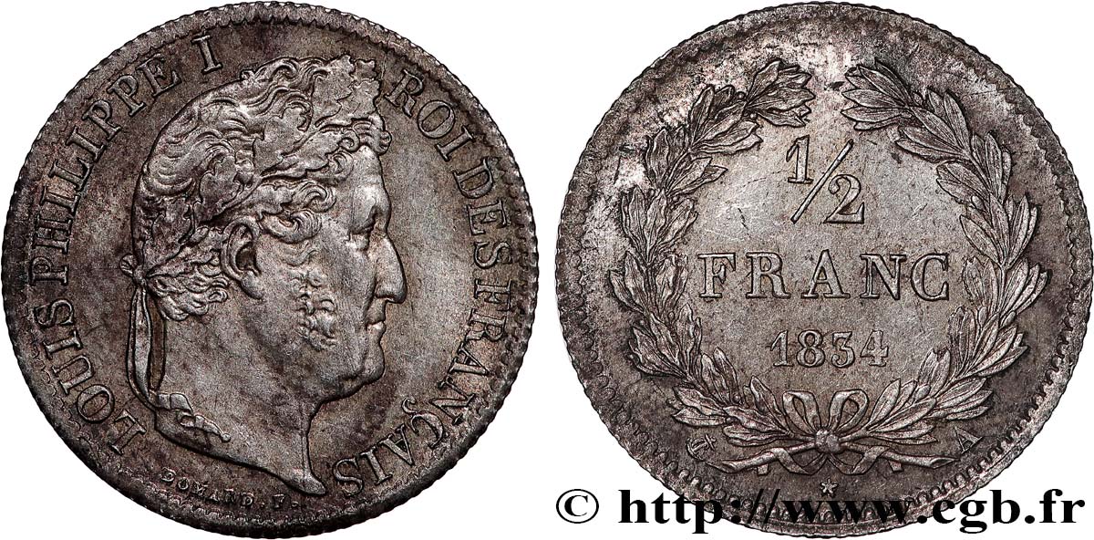 1/2 franc Louis-Philippe 1834 Paris F.182/40 AU58 