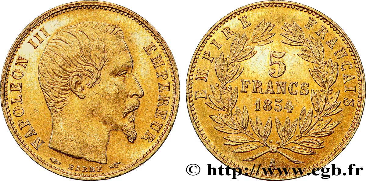 5 francs or Napoléon III, tête nue, petit module, tranche lisse 1854 Paris F.500/1 SPL+ 