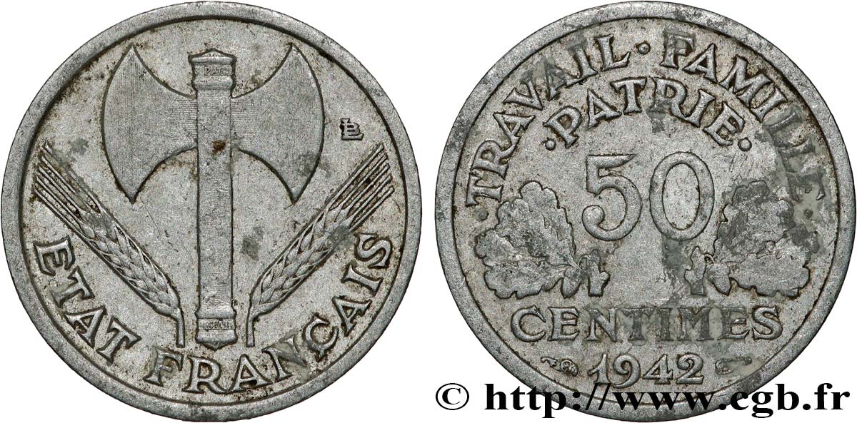 50 centimes Francisque, lourde, frappe médaille 1942  F.195/3 var. TB 