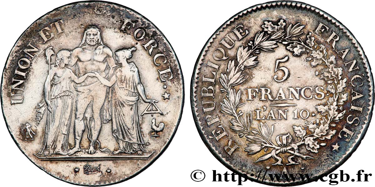 5 francs Union et Force, Union serré, avec glands intérieurs et gland extérieur 1802 Paris F.288/168 XF 