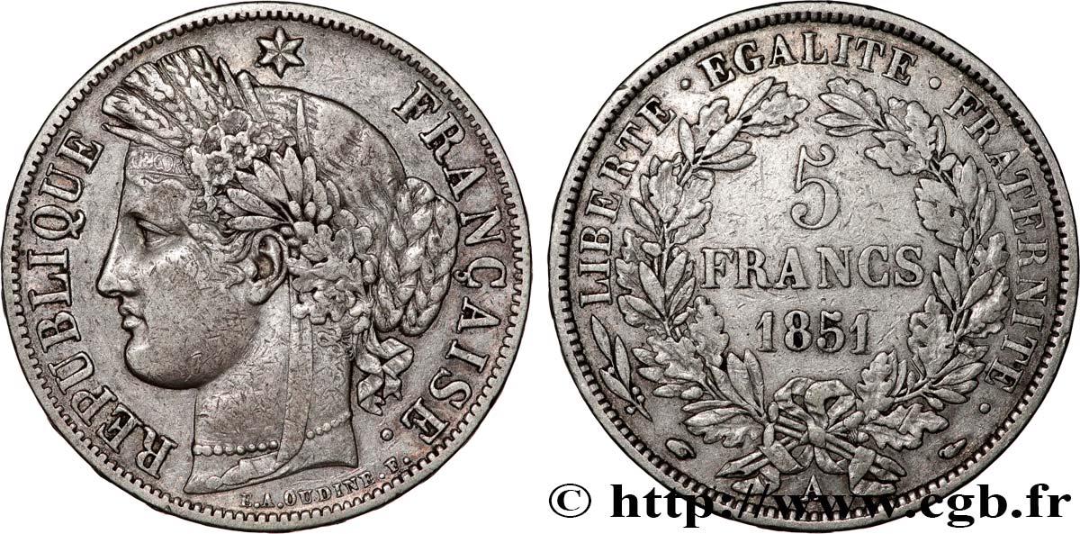5 francs Cérès, IIe République 1851 Paris F.327/7 SS