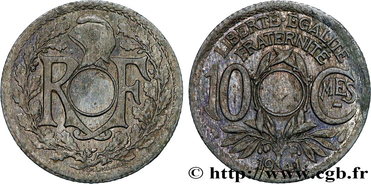 10 centimes Lindauer en zinc, Cmes souligné et millésime sans point, non perforée 1941  F.140/1 var. XF 