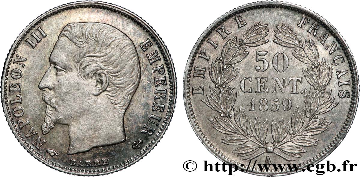 50 centimes Napoléon III, tête nue 1859 Paris F.187/10 EBC62 