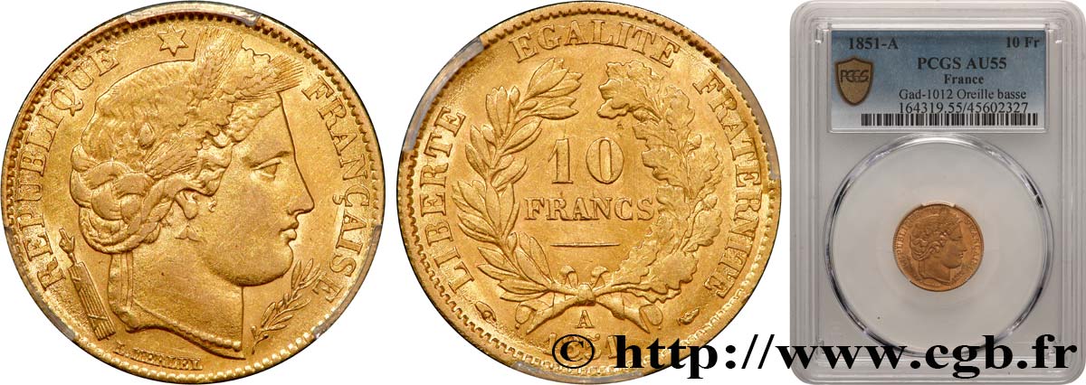 10 francs or Cérès, IIe République 1851 Paris F.504/3 AU55 PCGS