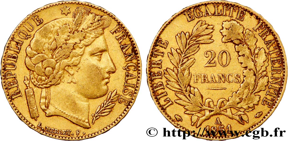 20 francs or Cérès 1851 Paris F.529/4 BB