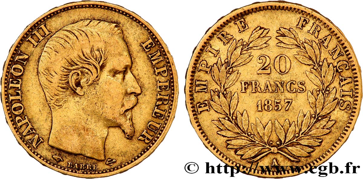 20 francs or Napoléon III, tête nue 1857 Paris F.531/12 q.BB