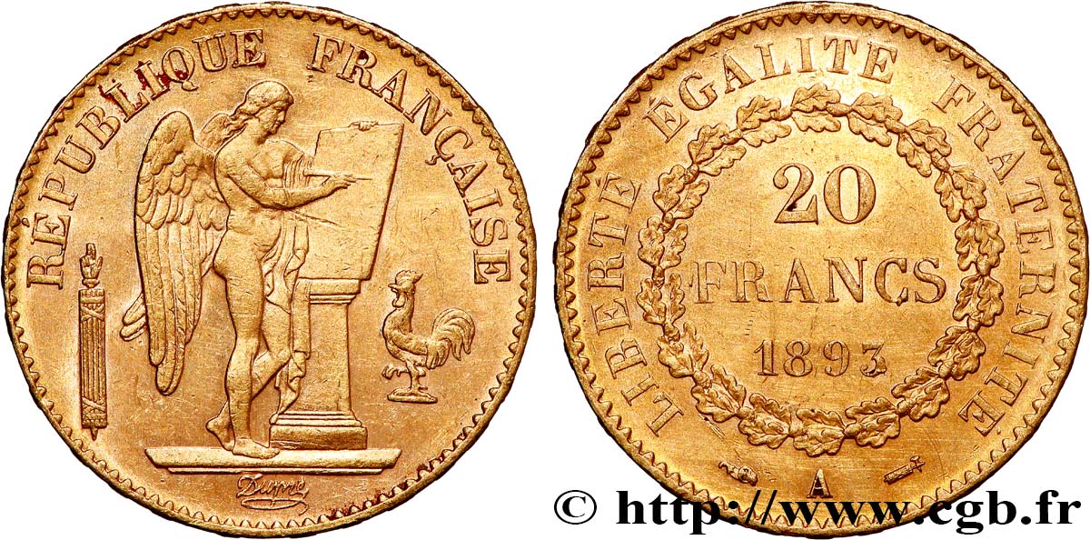 20 francs or Génie, Troisième République 1893 Paris F.533/17 q.SPL