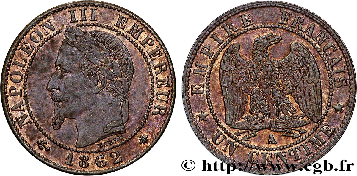 Un centime Napoléon III, tête laurée 1862 Paris F.103/4 SUP58