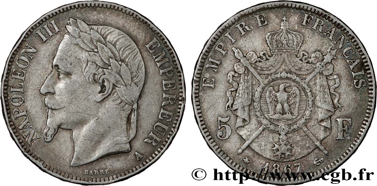 5 francs Napoléon III, tête laurée 1867 Paris F.331/10 TB+