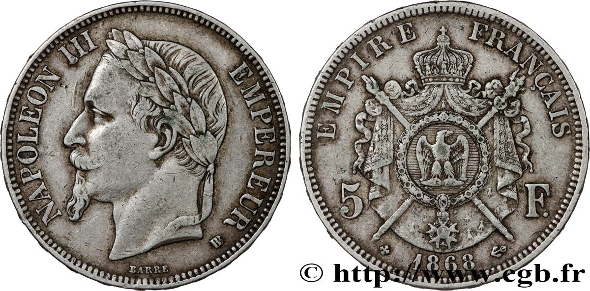 5 francs Napoléon III, tête laurée 1868 Strasbourg F.331/13 BC+
