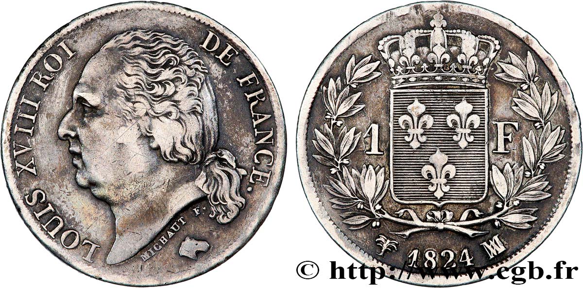 1 franc Louis XVIII 1824 Marseille F.206/64 TB+ 