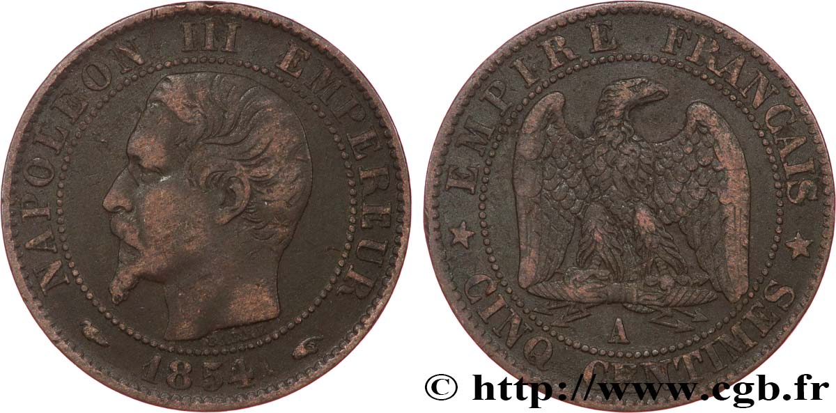 Cinq centimes Napoléon III, tête nue 1854 Paris F.116/8 TB
