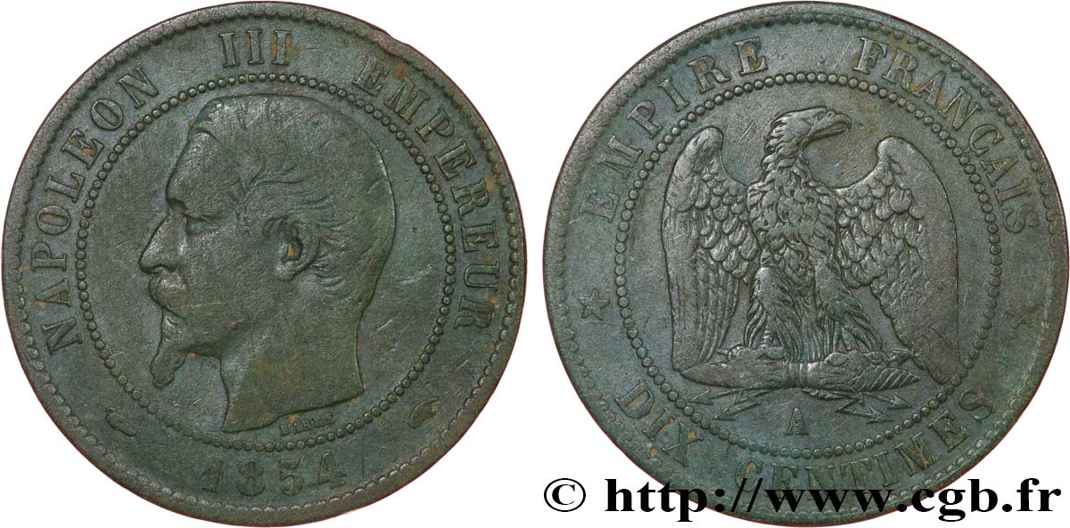 Dix centimes Napoléon III, tête nue 1854 Paris F.133/11 TB