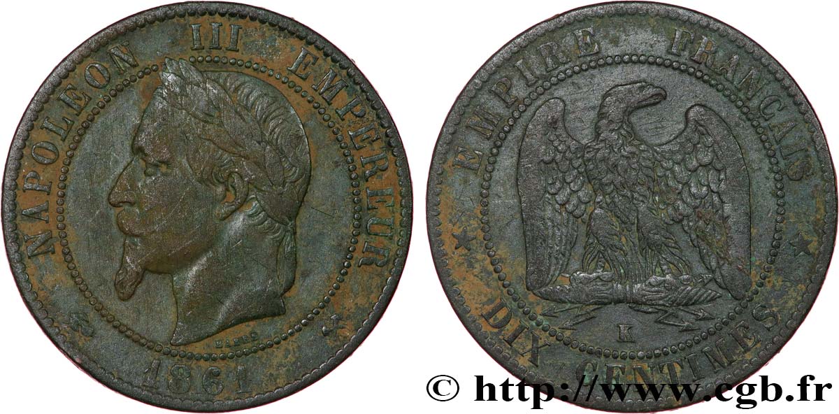 Dix Centimes Napoléon tête laurée 1861 Bordeaux F.134/6 TB
