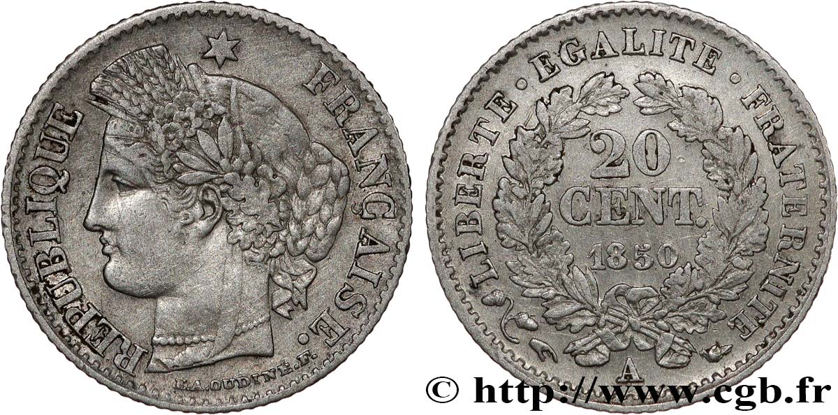 20 centimes Cérès, IIe République 1850 Paris F.146/2 TB+
