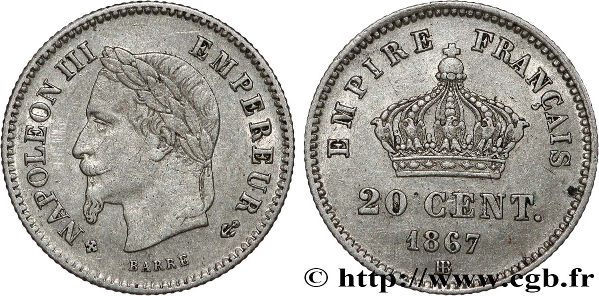 20 centimes Napoléon III, tête laurée, grand module 1867 Strasbourg F.150/2 TTB