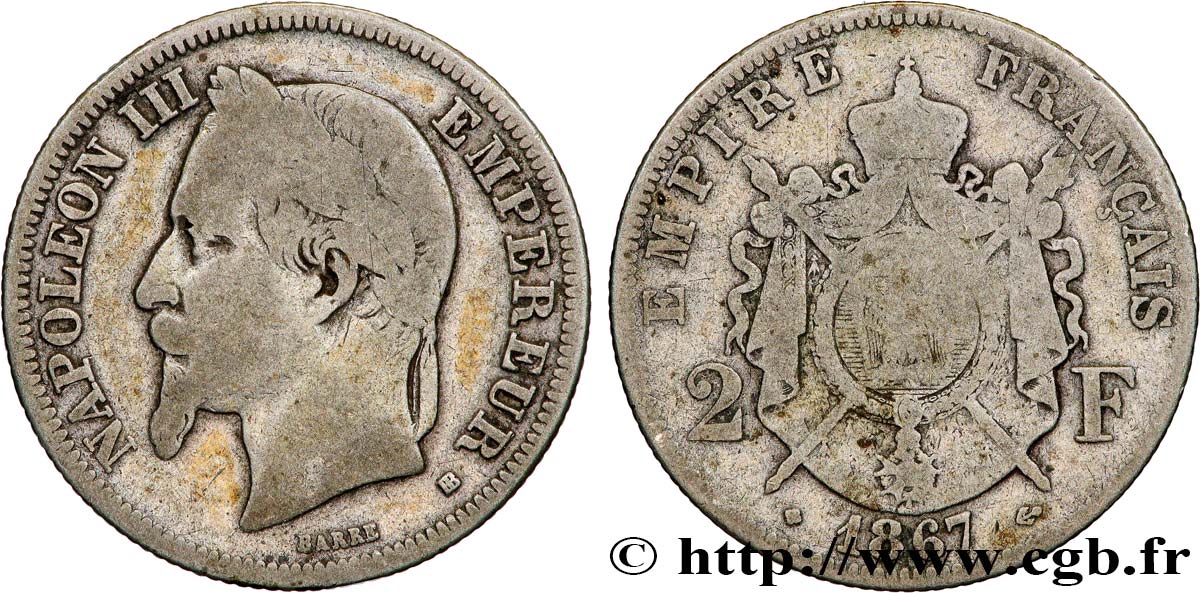 2 francs Napoléon III, tête laurée 1867 Strasbourg F.263/6 B10