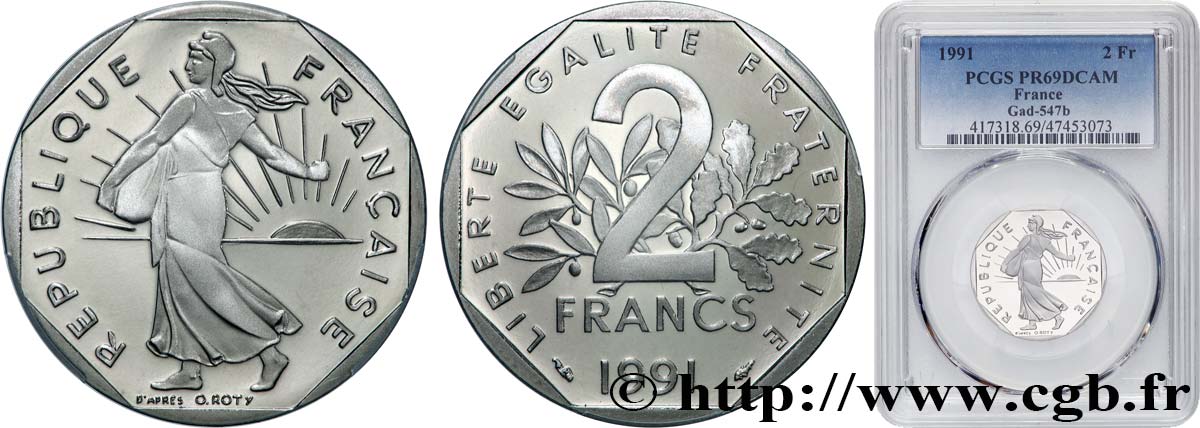 2 francs Semeuse, nickel, BE (Belle Épreuve) 1991 Pessac F.272/15 var. FDC69 PCGS