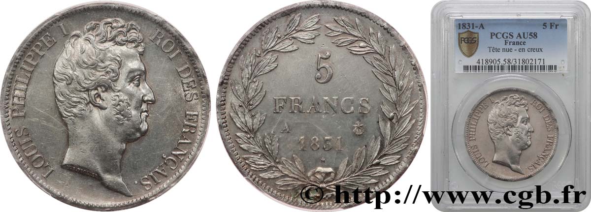 5 francs type Tiolier avec le I, tranche en creux 1831 Paris F.315/14 AU58 PCGS