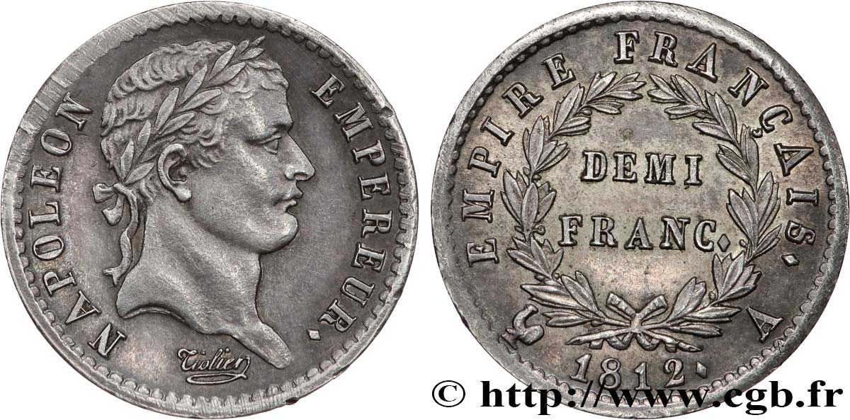 Demi-franc Napoléon Ier tête laurée, Empire français 1812 Paris F.178/35 SPL 