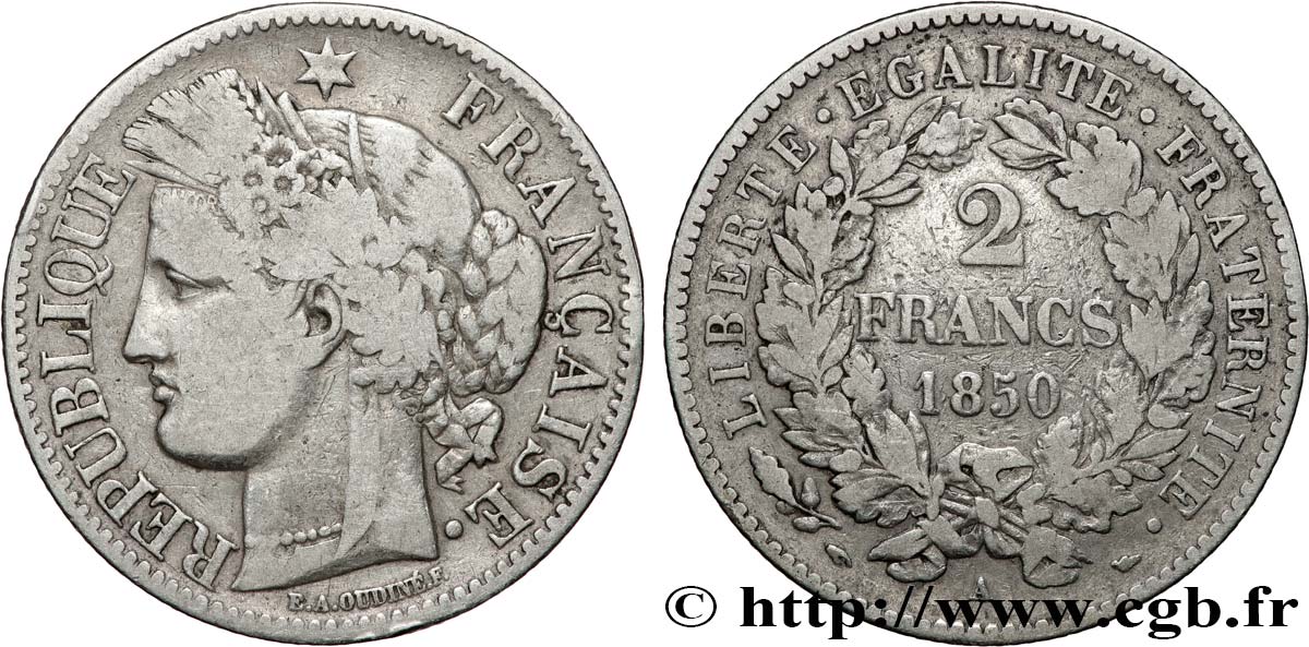2 francs Cérès, IIe République 1850 Paris F.261/4 VF 
