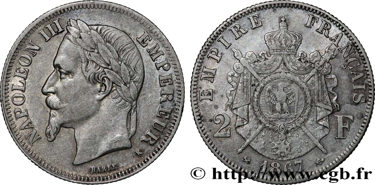 2 francs Napoléon III, tête laurée 1867 Bordeaux F.263/7 VF 