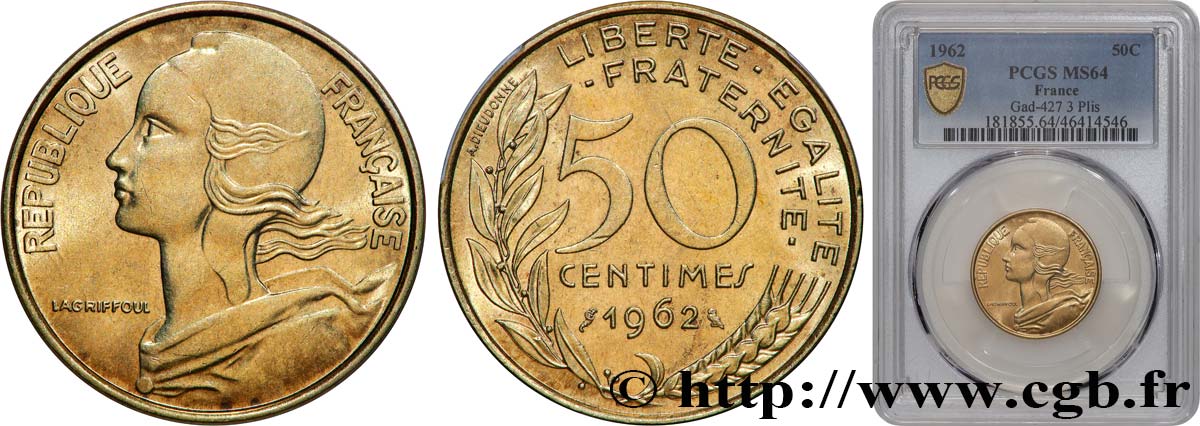 50 centimes Marianne, col à trois plis 1962 Paris F.197/2 SPL64 PCGS