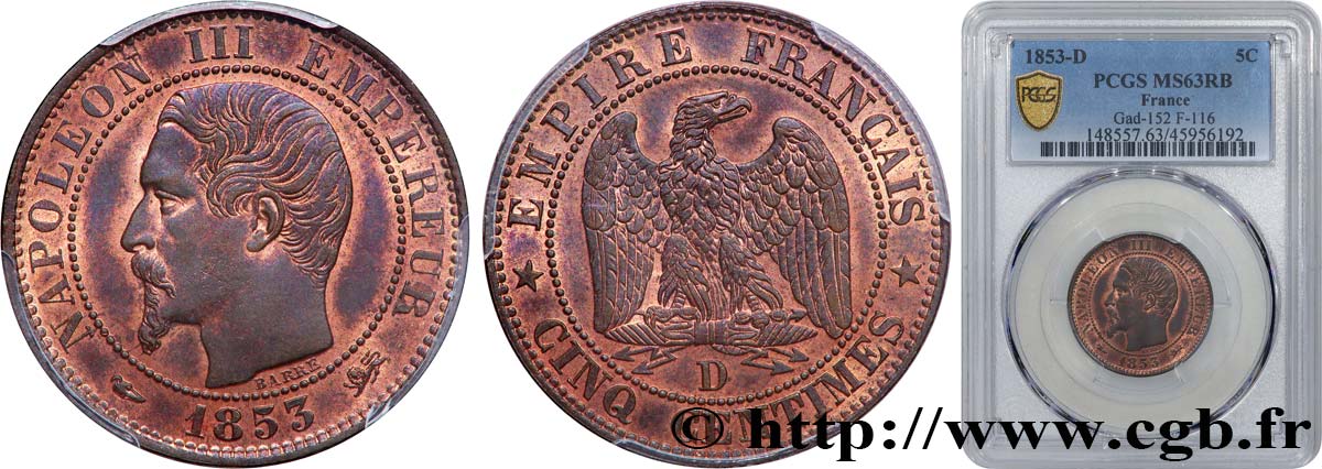 Cinq centimes Napoléon III, tête nue 1853 Lyon F.116/4 SC63 PCGS