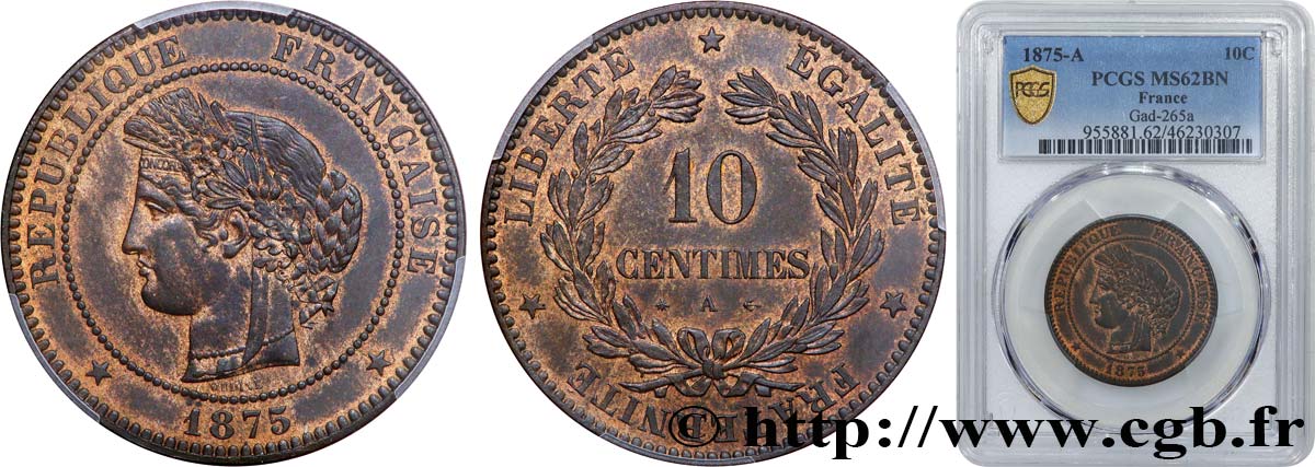 10 centimes Cérès 1875 Paris F.135/14 SUP62 PCGS