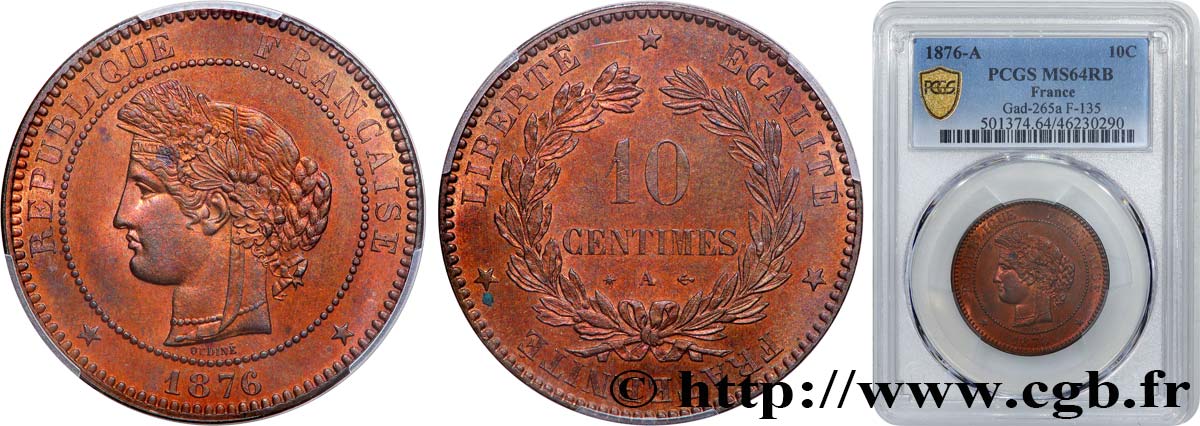 10 centimes Cérès 1876 Paris F.135/16 SPL64 PCGS