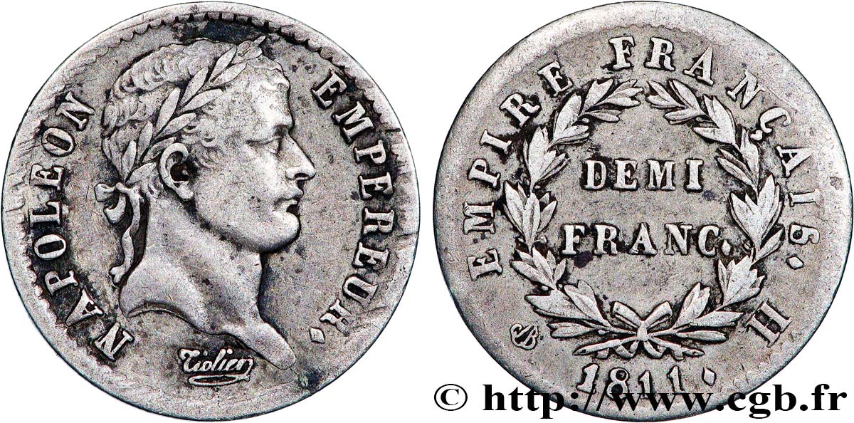 Demi-franc Napoléon Ier tête laurée, Empire français 1811 La Rochelle F.178/25 BC+ 