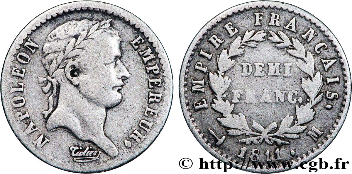 Demi-franc Napoléon Ier tête laurée, Empire français 1811 Toulouse F.178/29 S 