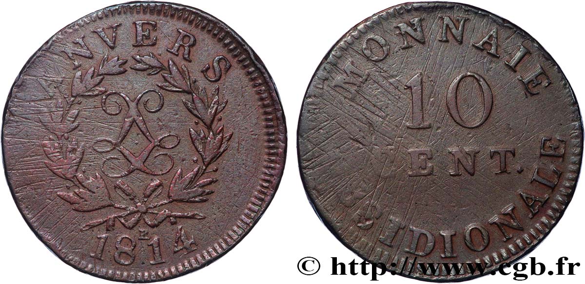 10 cent. Anvers au double L, frappe de l’atelier de Wolschot 1814  Anvers F.130C/2 BC+ 