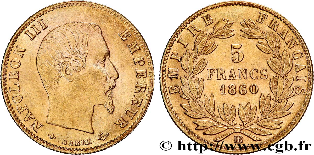 5 francs or Napoléon III, tête nue, grand module, en 60/50, 1860 Strasbourg F.501/12 VZ 
