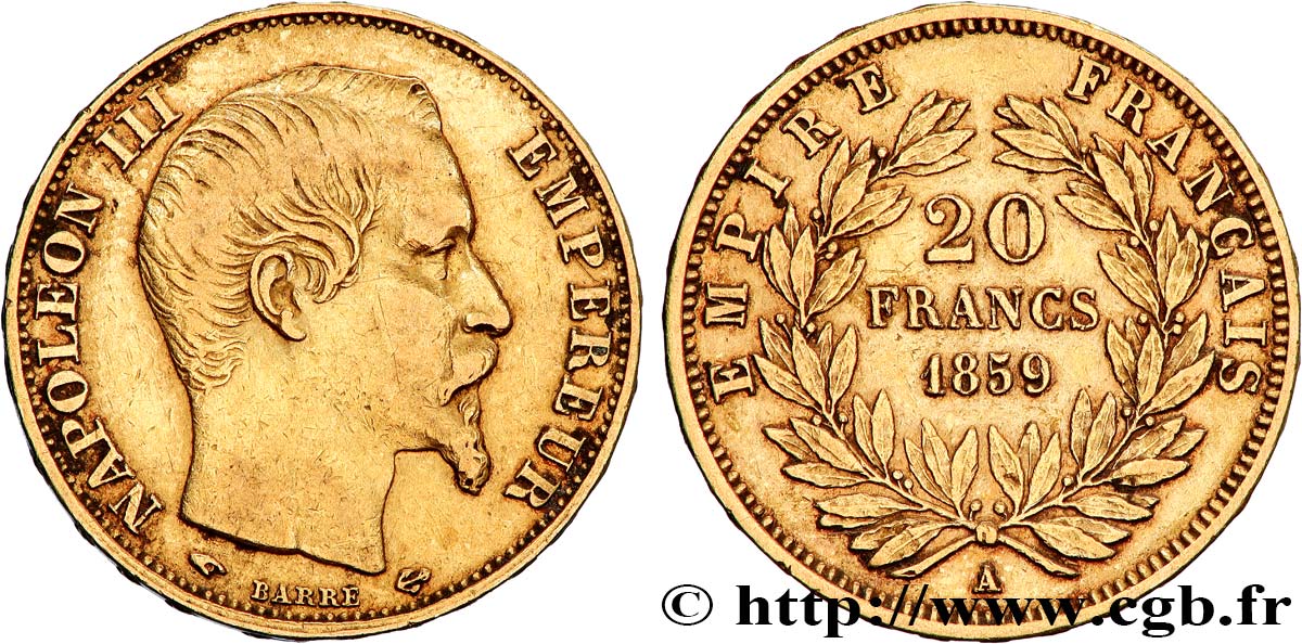 20 francs or Napoléon III, tête nue 1859 Paris F.531/15 TB+
