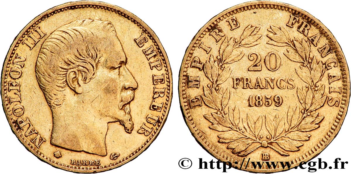 20 francs or Napoléon III, tête nue 1859 Strasbourg F.531/16 TB+