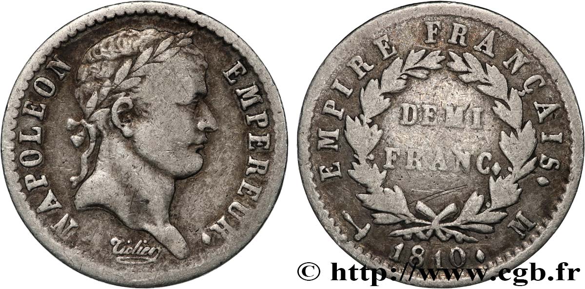 Demi-franc Napoléon Ier tête laurée, Empire français 1810 Toulouse F.178/18 TB20 