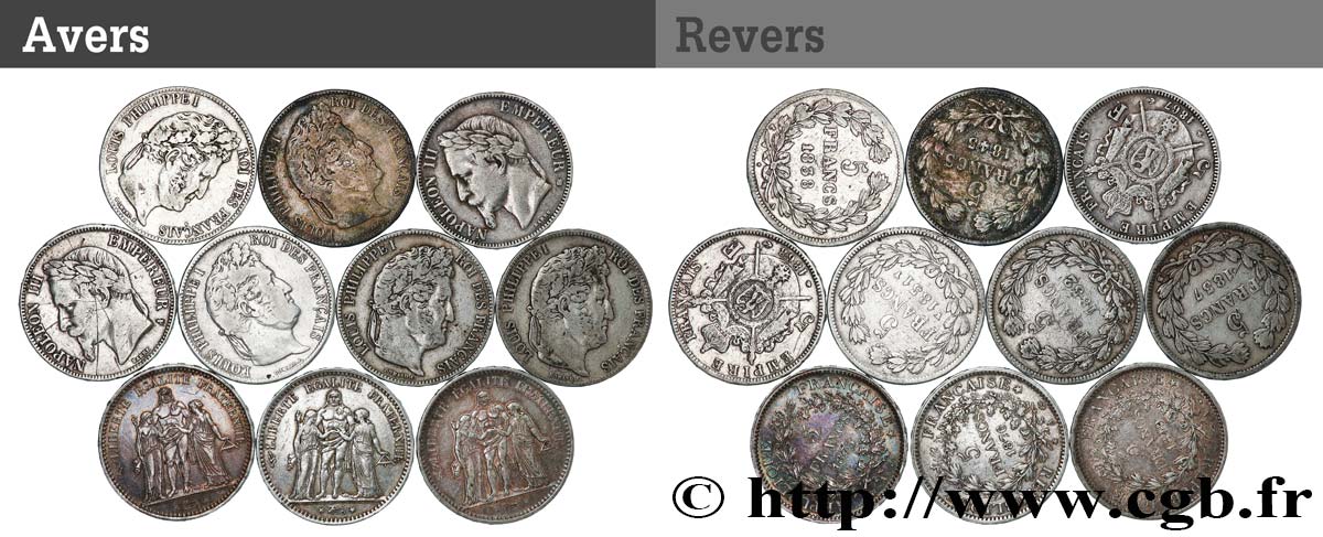 Lot de dix écus de 5 francs n.d. F.-/ TB