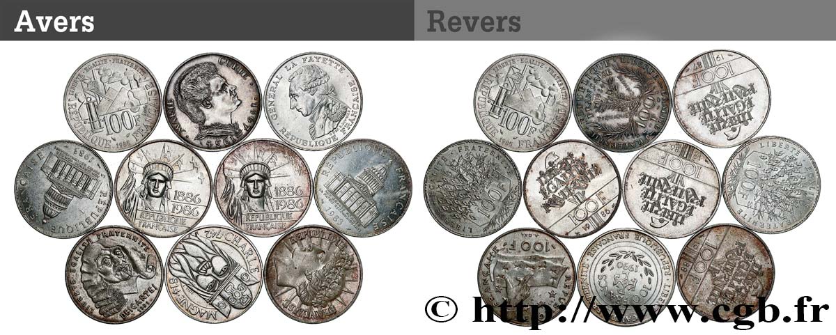 Lot de 10 pièces de 100 francs commémoratives - - F.-/ TTB