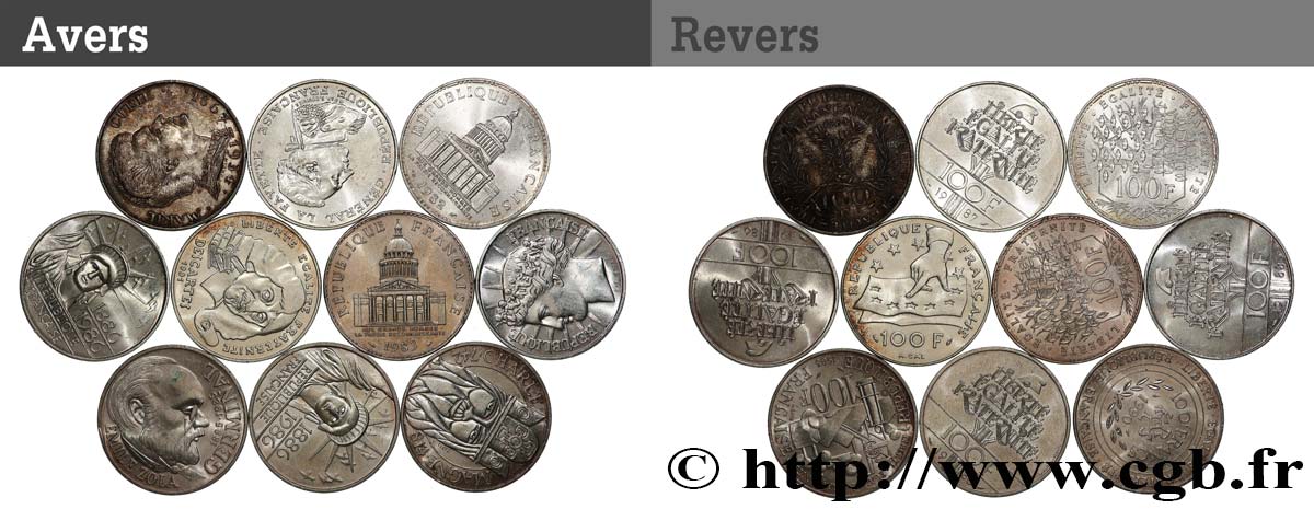 Lot de 10 pièces de 100 francs commémoratives - - F.-/ XF
