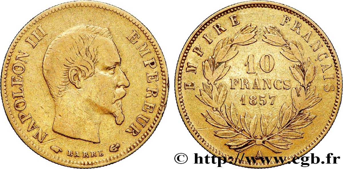 10 francs or Napoléon III, tête nue 1857 Paris F.506/4 TB