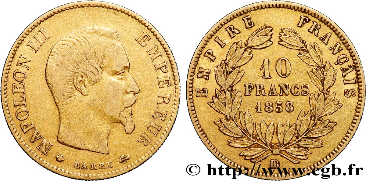 10 francs or Napoléon III, tête nue, grand module 1858 Strasbourg F.506/6 VF