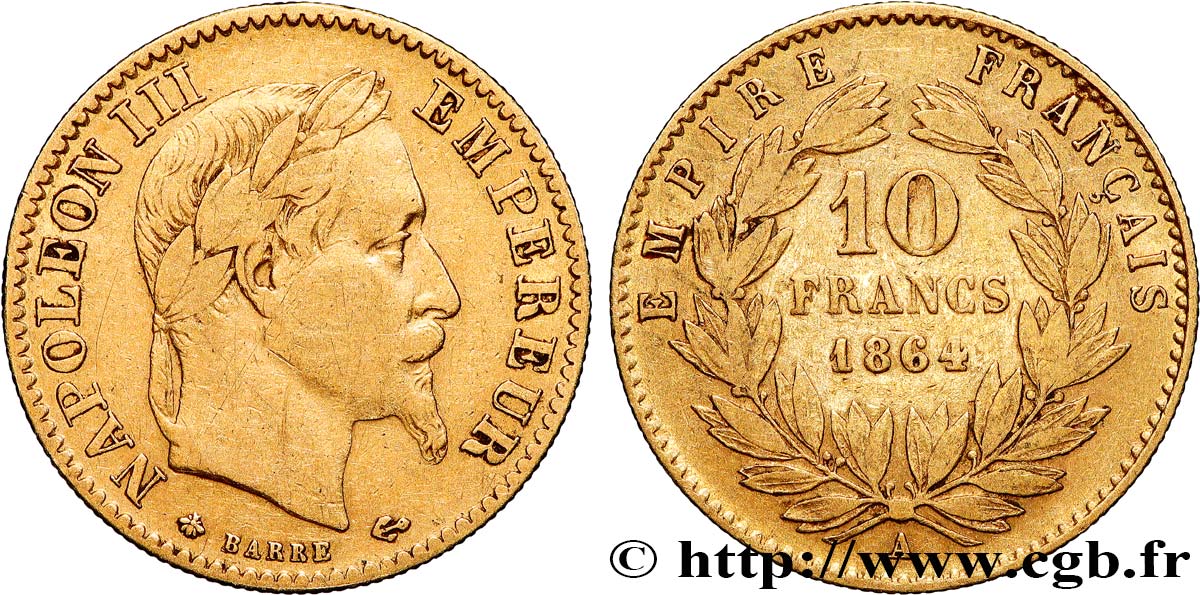 10 francs or Napoléon III, tête laurée, type définitif à grand 10 1864 Paris F.507A/6 TB
