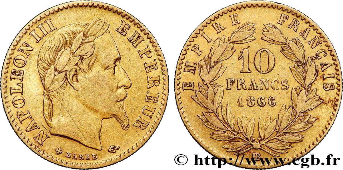 10 francs or Napoléon III, tête laurée 1866 Strasbourg F.507A/13 TB
