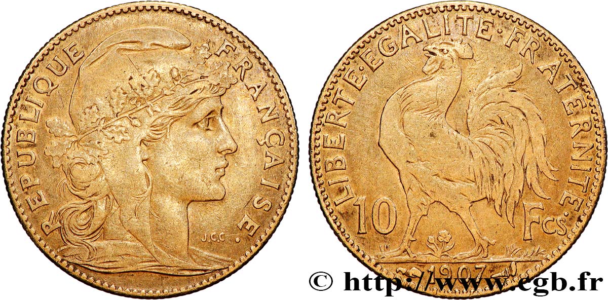 10 francs or Coq 1907 Paris F.509/8 TB